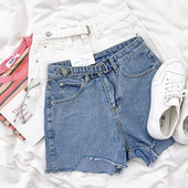 Къси дамски дънки широк модел с висока талия и джобове