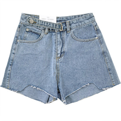 Къси дамски дънки широк модел с висока талия и джобове