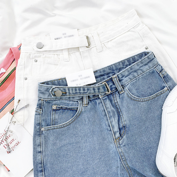 Къси дамски дънки широк модел с висока талия и джобове