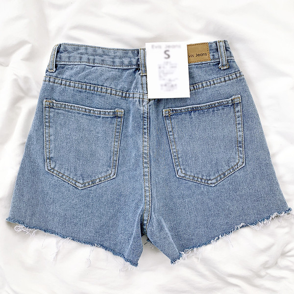 Къси дамски дънки широк модел с висока талия и джобове