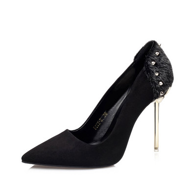 Pantofi eleganti de dama, cu toc subtire de 10 cm si element de puf