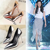 Pantofi de dama eleganti din piele lacuita cu toc inalt - model ascutit