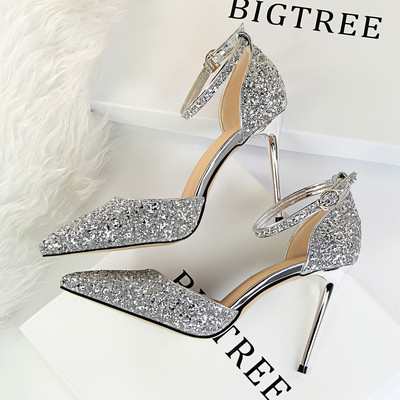 Pantofi de dama stralucitori model ascutit cu toc inalt subtire