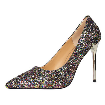 Pantofi de dama stralucitori model ascutit cu toc inalt subtire