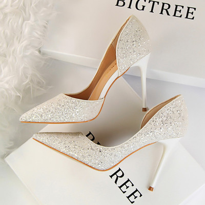 Pantofi de dama stralucitori model ascutit cu toc inalt subtire