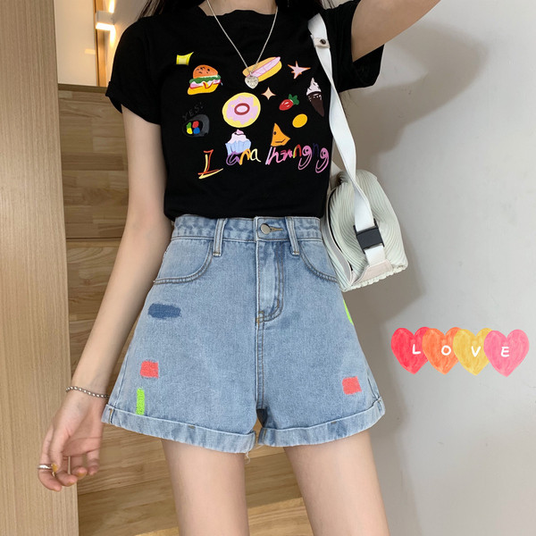 Uus kõrge vöökoha ja tikandiga naiste lühikeste teksapükste mudel