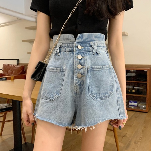 Naiste lühikesed nööpidega ja kõrge vöökohaga teksad