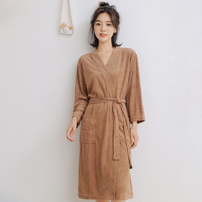 Halat de baie de dama sub genunchi cu doua buzunare si curea