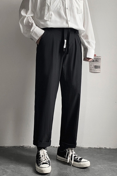 Pantaloni negri barbatesti model drept cu legaturi in talie