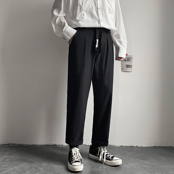 Pantaloni negri barbatesti model drept cu legaturi in talie