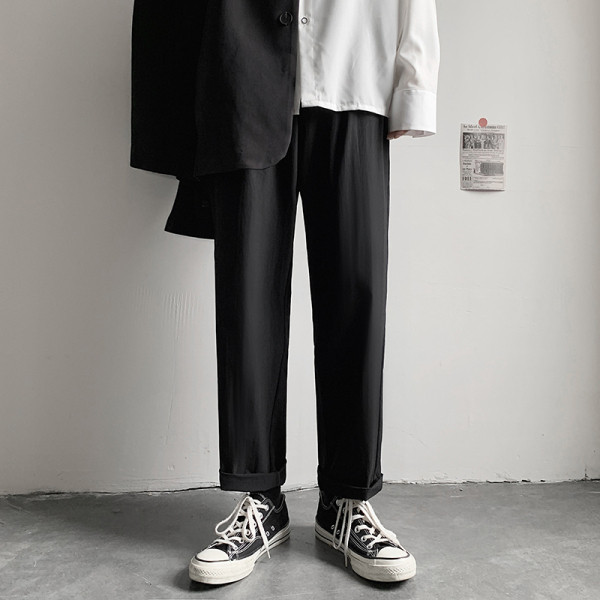 Pantaloni negri barbatesti model drept cu legaturi in talie