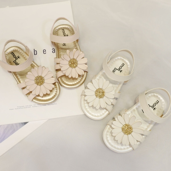 Sandale pentru copii din piele ecologica cu margarete si inchidere cu velcro