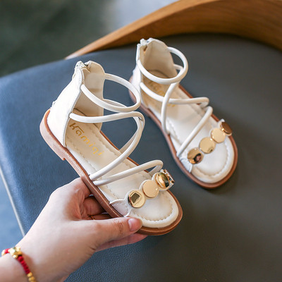 Mūsdienīgas bērnu sandales meitenēm ar plakanām zolēm un metāla apdari