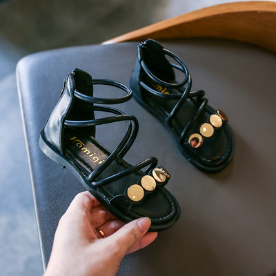 Mūsdienīgas bērnu sandales meitenēm ar plakanām zolēm un metāla apdari