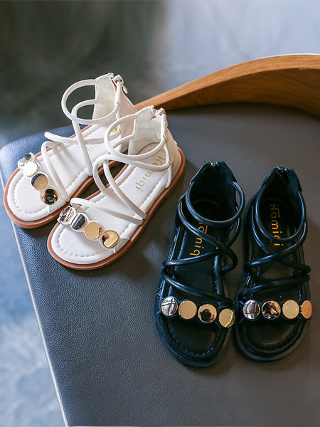 Mūsdienīgas bērnu sandales meitenēm ar plakanām zolēm un metāla apdari