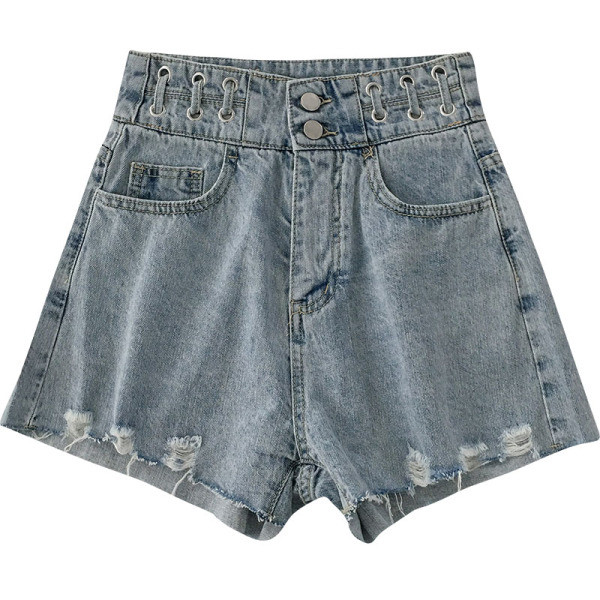 Sieviešu īso džinsu plats modelis ar kabatām un saplēstiem motīviem