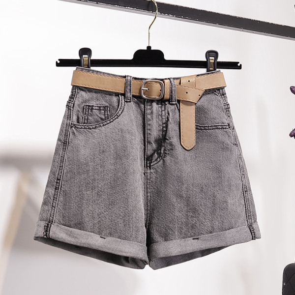 Sieviešu īso džinsu plats modelis ar augstu vidukli un jostu