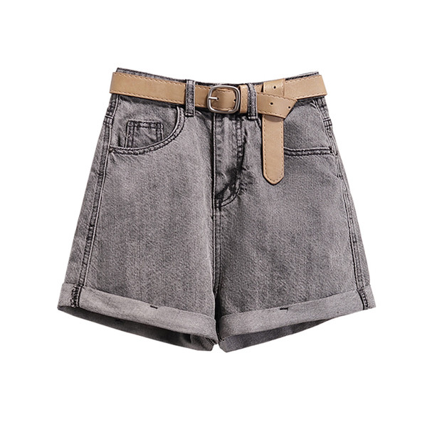 Sieviešu īso džinsu plats modelis ar augstu vidukli un jostu