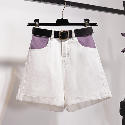 Sieviešu īsie džinsi ar krāsainām kabatām un jostu