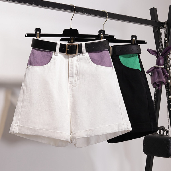 Sieviešu īsie džinsi ar krāsainām kabatām un jostu