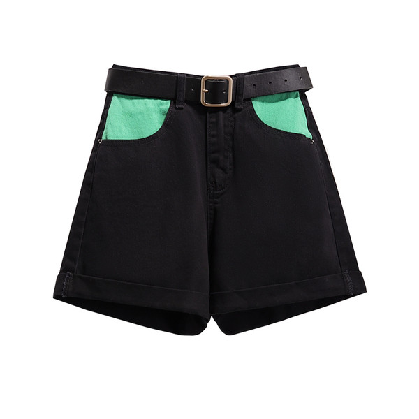 Sieviešu īsie džinsi ar krāsainām kabatām un jostu