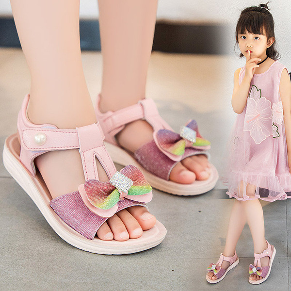 Bērnu sandales meitenēm ar plakanām zolēm un krāsainu lentīti