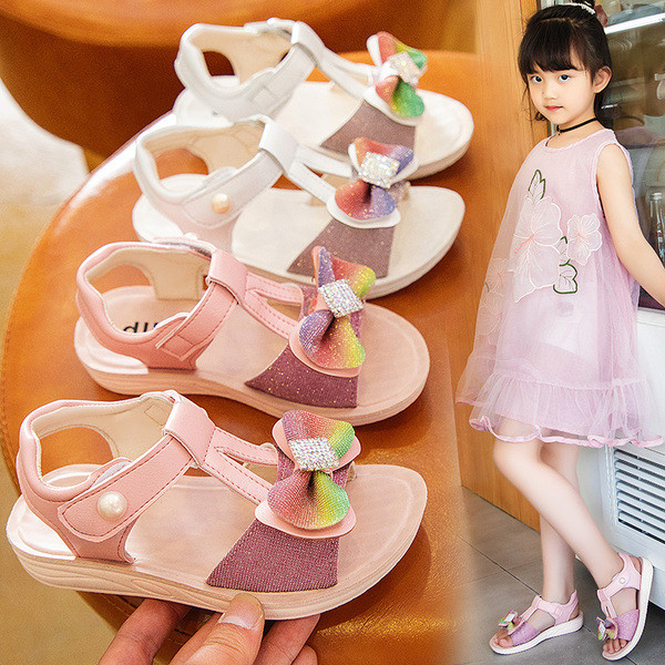 Bērnu sandales meitenēm ar plakanām zolēm un krāsainu lentīti