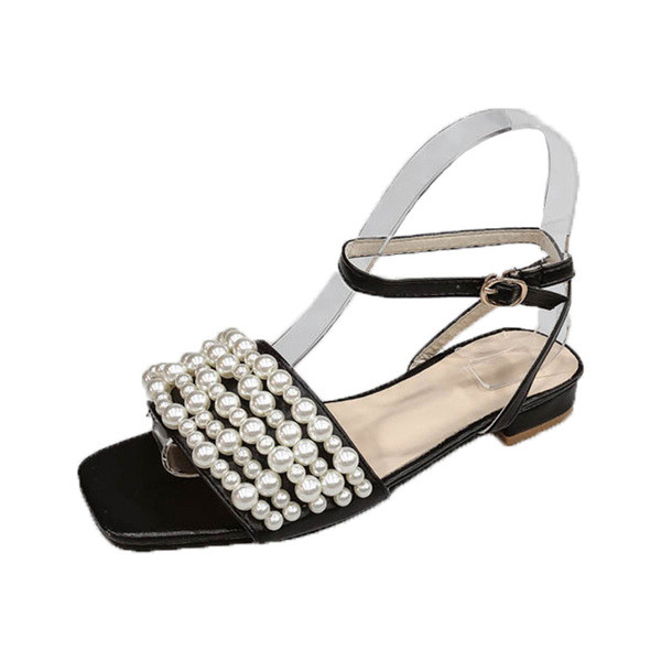 Modernas sieviešu sandales ar zemu papēdi un pērļu elementu