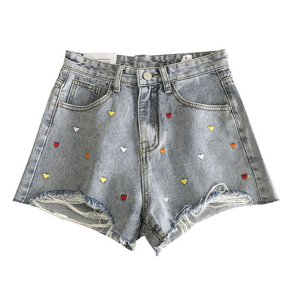 Blugi scurti casual cu broderie si talie inalta