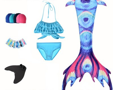 Children`s swimsuit in two parts + glasses, hat, fins and mermaid tail