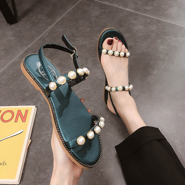 Ikdienas sieviešu sandales ar plakanu zoli un pērļu elementu