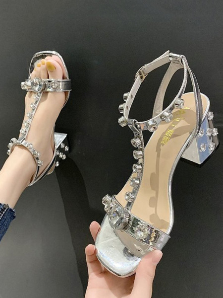 Modernas sieviešu sandales ar akmeņiem un biezu papēdi