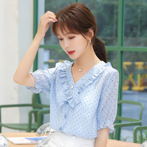 Sieviešu punktveida krekls ar špica kakla izgriezumu un 3/4 piedurknēm