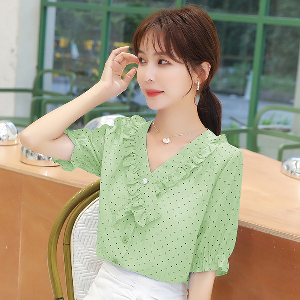 Sieviešu punktveida krekls ar špica kakla izgriezumu un 3/4 piedurknēm