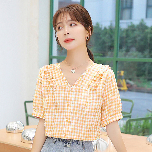 Rūtains sieviešu krekls ar špica kakla izgriezumu un 3/4 piedurknēm