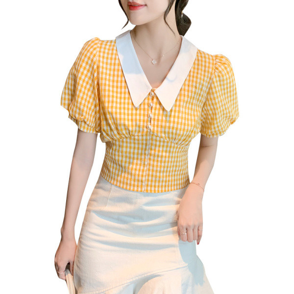 Retro sieviešu krekls ar klasisku apkakli un pufām piedurknēm