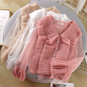 Cămașă elegantă de damă, cu decolteu în V și mâneci transparente