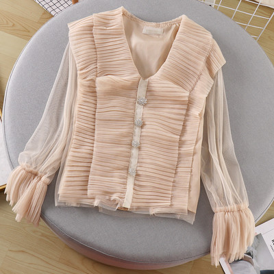 Cămașă elegantă de damă, cu decolteu în V și mâneci transparente