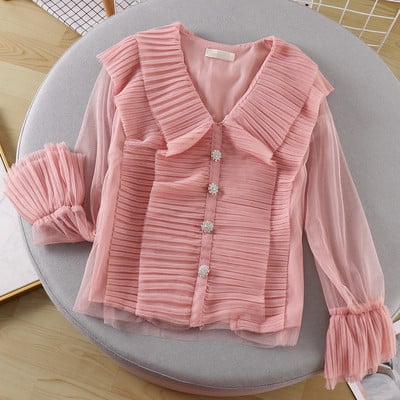 Cămașă elegantă de damă, cu decolteu în V și mâneci transparente