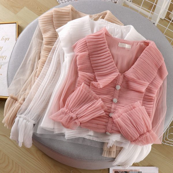 Cămașă elegantă de damă, cu decolteu în V și mâneci transparente