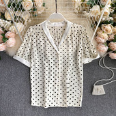 Vasaras sieviešu punktveida krekls ar īsām piedurknēm