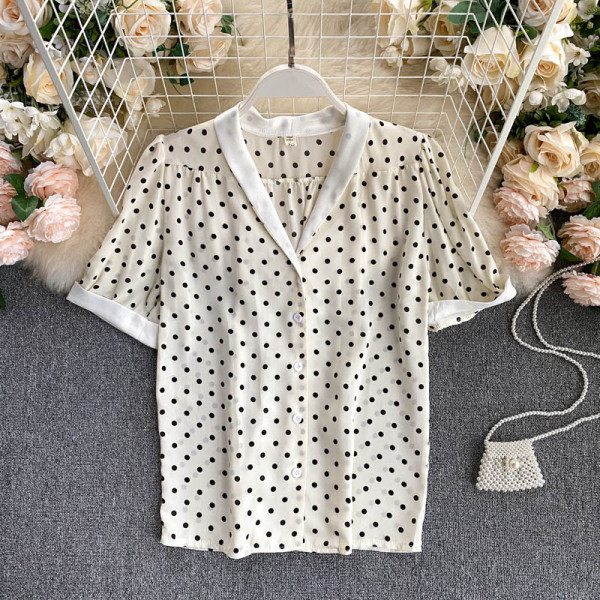 Vasaras sieviešu punktveida krekls ar īsām piedurknēm