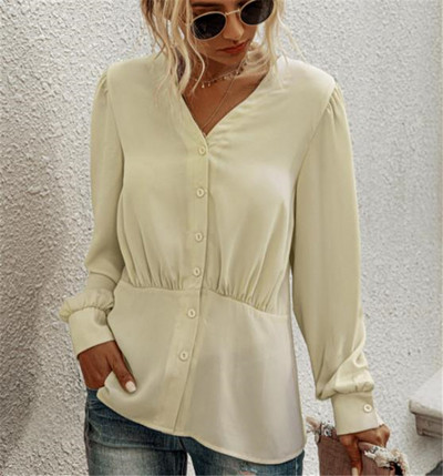 Cămașă modernă de damă cu decolteu în V, mâneci lungi și nasturi