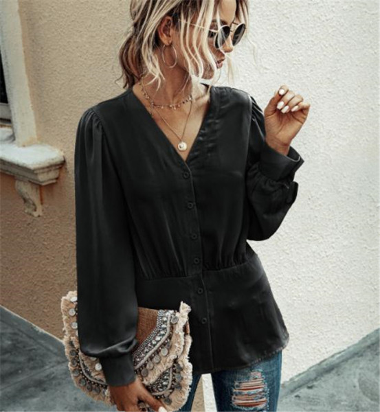Cămașă modernă de damă cu decolteu în V, mâneci lungi și nasturi
