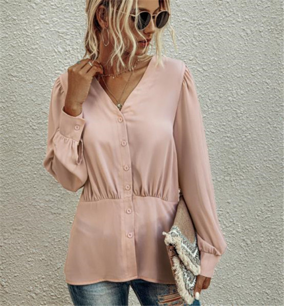 Cămașă modernă de damă cu decolteu în V, mâneci lungi și nasturi