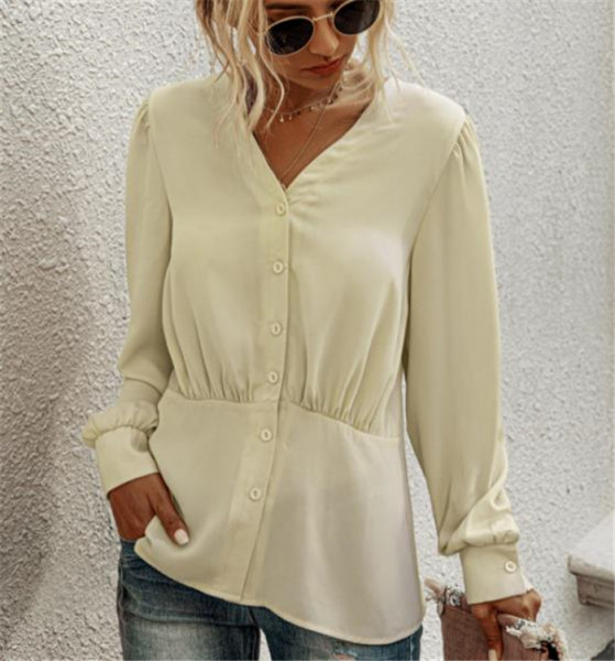 Cămașă modernă de damă cu decolteu în V, mâneci lungi și nasturi