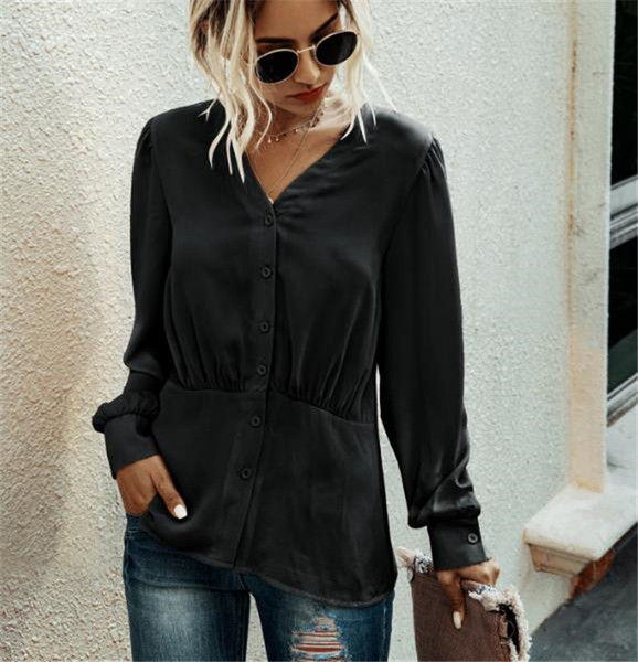 Cămașă modernă de damă cu decolteu în V, mâneci lungi și nasturi