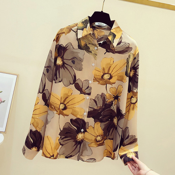 Sieviešu krekls ar klasisku apkakli, garām piedurknēm un ziedu rakstu