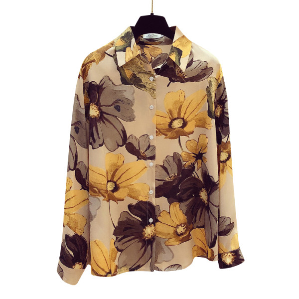 Sieviešu krekls ar klasisku apkakli, garām piedurknēm un ziedu rakstu