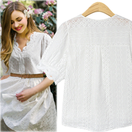 Valge pitsist naiste särk V-kaelusega ja lühikeste varrukatega